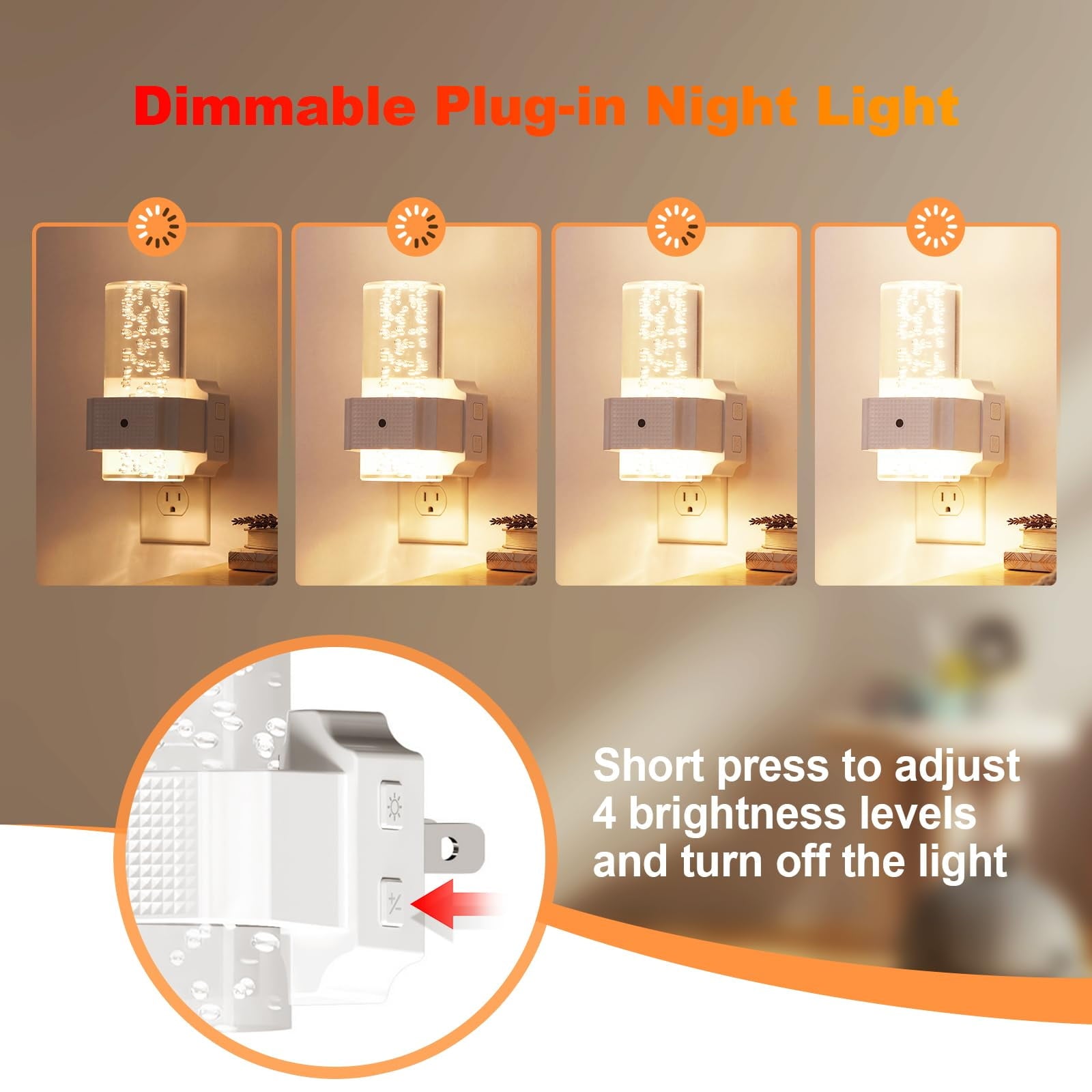 Plug in Night Light, 2 Pack LED Night Lights with Dusk to Dawn Sensor, RGB & 3000K Warm White, 4-Level Adjustable Brightness, Acrylic Bubble Design Nightlight for Bedroom, Bathroom, Hallway