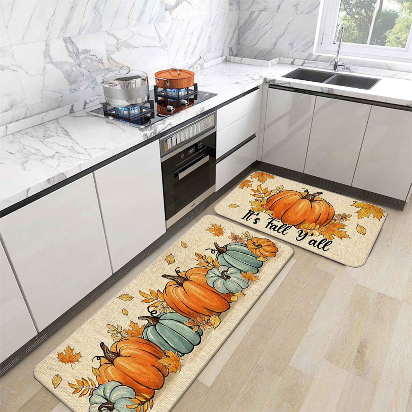 Hello Pumpkin Thankful Fall Kitchen Mats Set of 2,Thanksgiving Decorative Kitchen Rugs Seasonal Autumn Home Decor Low-Profile Kitchen Rugs for Floor - 15.7x23.6 and 15x47 Inch