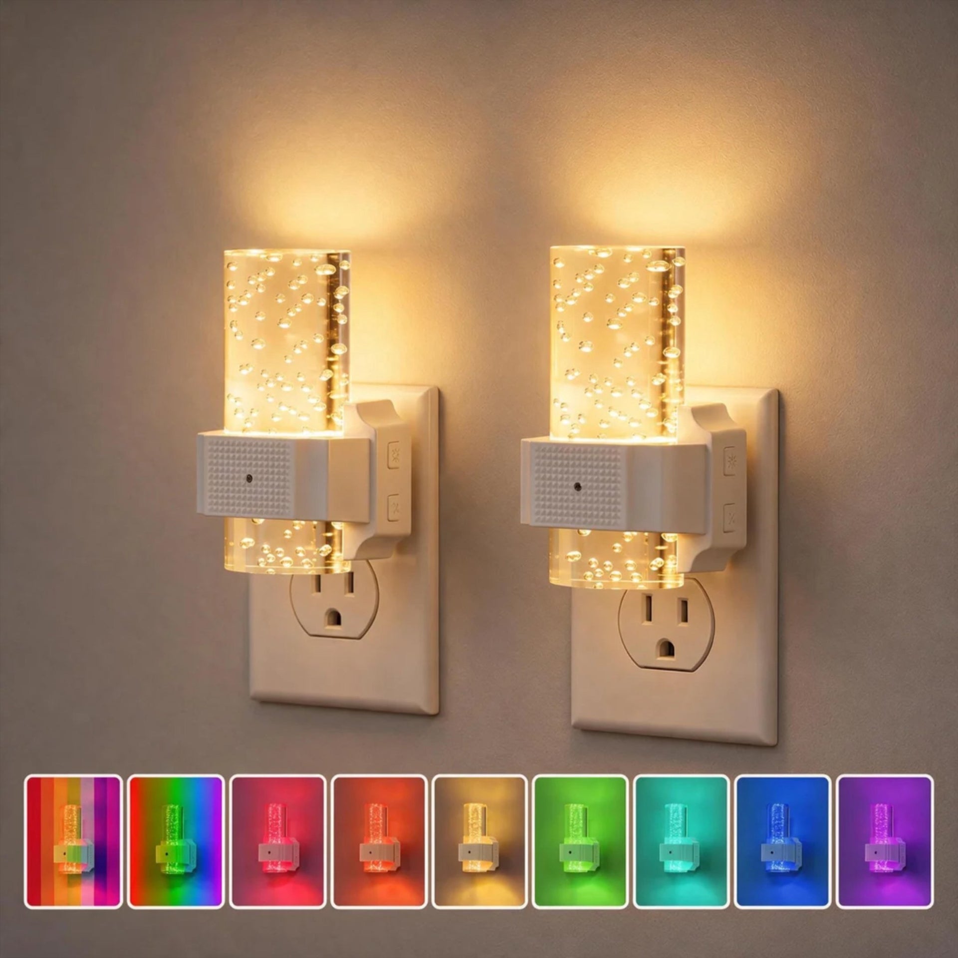 Plug in Night Light, 2 Pack LED Night Lights with Dusk to Dawn Sensor, RGB & 3000K Warm White, 4-Level Adjustable Brightness, Acrylic Bubble Design Nightlight for Bedroom, Bathroom, Hallway