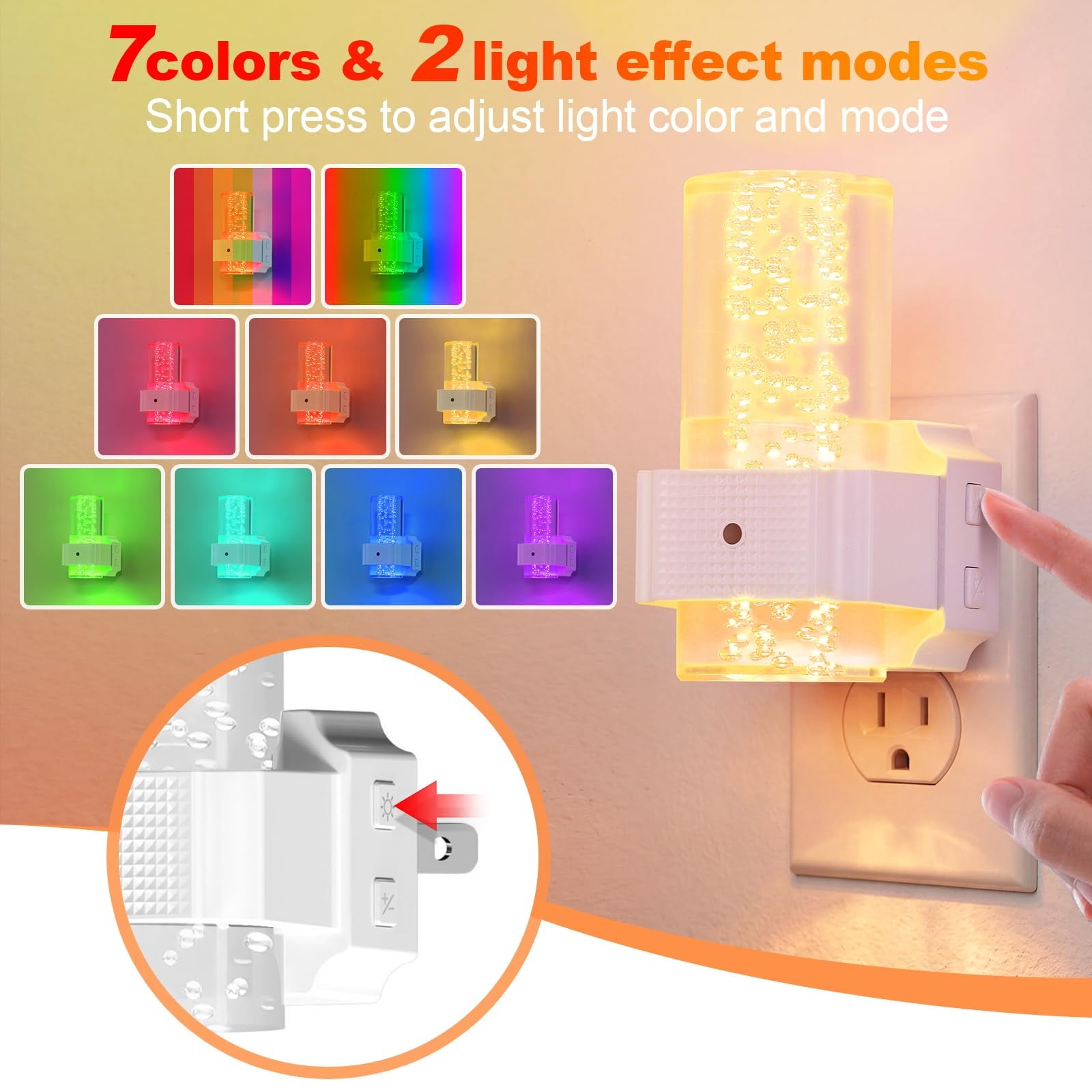 Plug in Night Light, 2 Pack LED Night Lights with Dusk to Dawn Sensor, RGB & 3000K Warm White, 4-Level Adjustable Brightness, Acrylic Bubble Design Nightlight for Bedroom, Bathroom, Hallway
