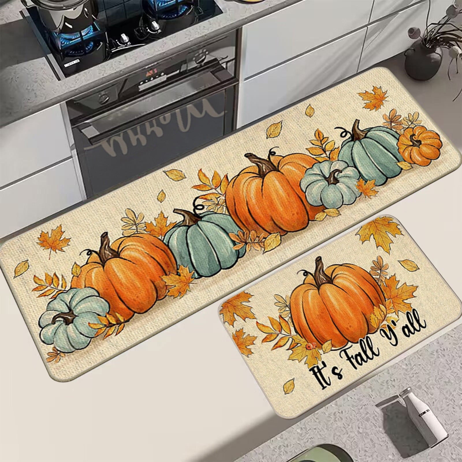 Hello Pumpkin Thankful Fall Kitchen Mats Set of 2,Thanksgiving Decorative Kitchen Rugs Seasonal Autumn Home Decor Low-Profile Kitchen Rugs for Floor - 15.7x23.6 and 15x47 Inch