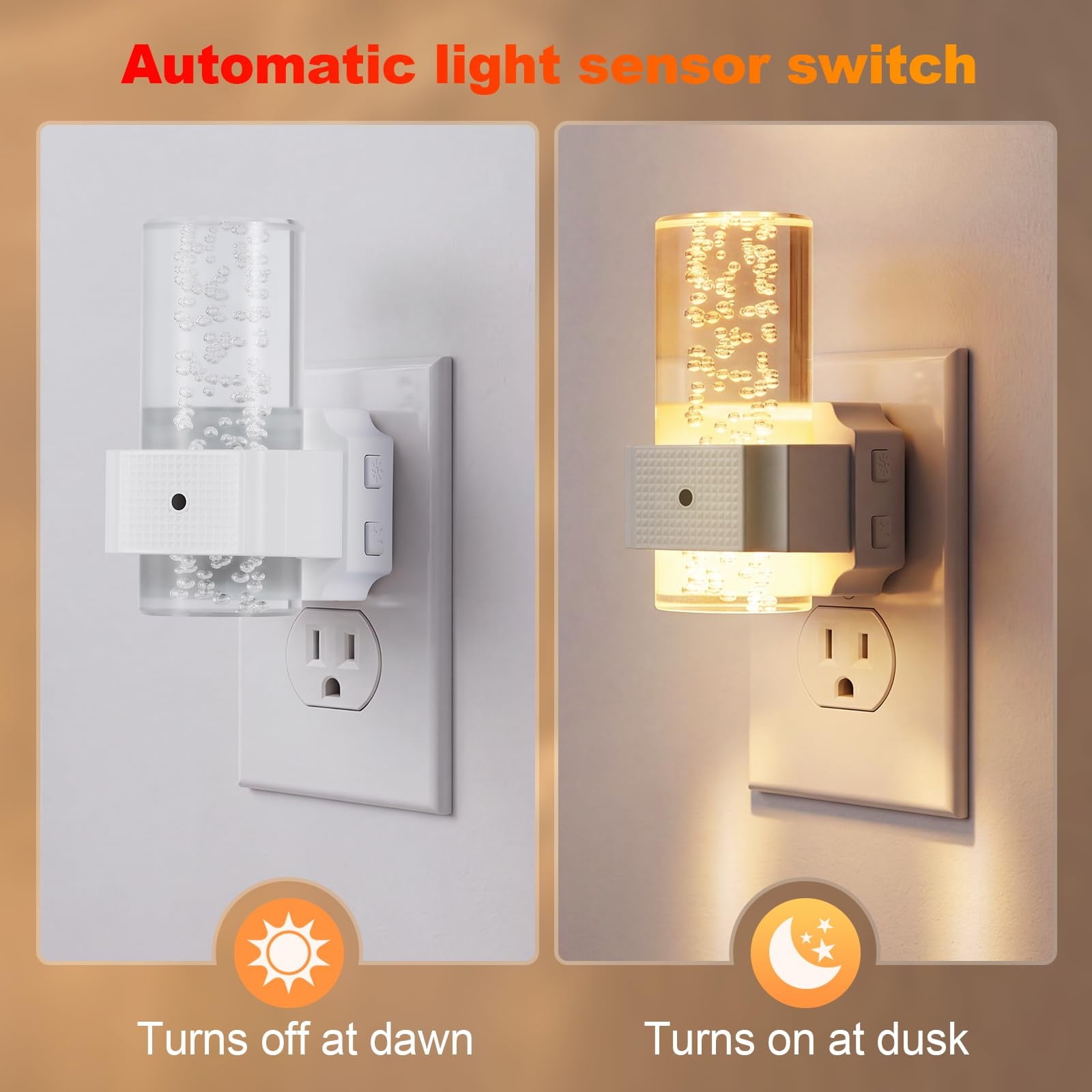 Plug in Night Light, 2 Pack LED Night Lights with Dusk to Dawn Sensor, RGB & 3000K Warm White, 4-Level Adjustable Brightness, Acrylic Bubble Design Nightlight for Bedroom, Bathroom, Hallway